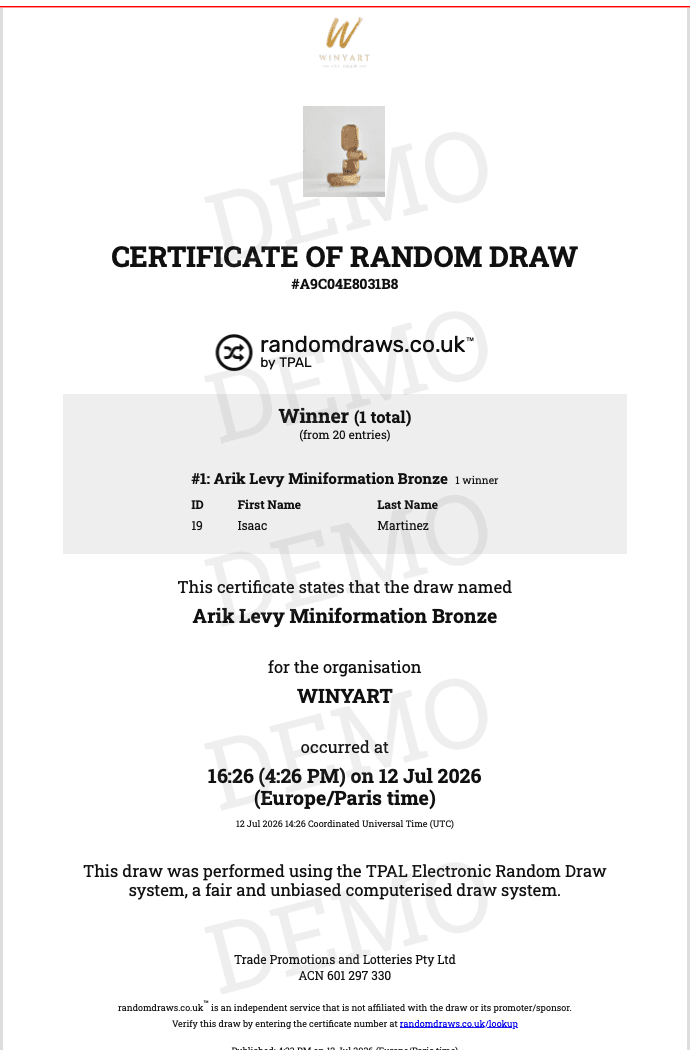 Example draw certificate issued by Randomdraws (randomdraws.co.uk, by TPAL) for WINYART.